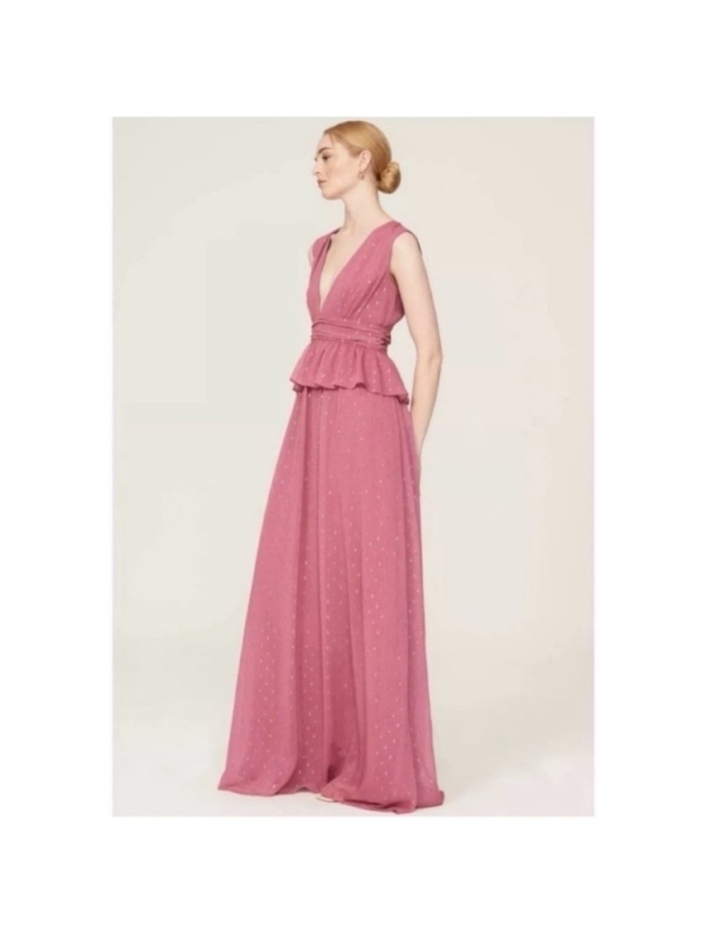 LDT dusty pink whimsy chiffon peplum waist gown maxi dress plunging neckline